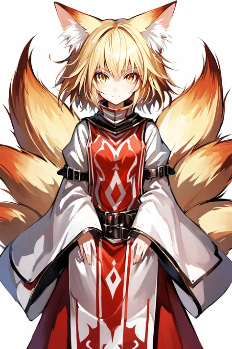 1girl, solo, yakumo ran, tail, animal ears, fox tail, fox ears, blonde hair, multiple tails, yellow eyes, hands in opposite sleeves, adapted costume, short hair, tabard, no headwear, alternate costume, belt, simple background, wide sleeves, white backgroun...