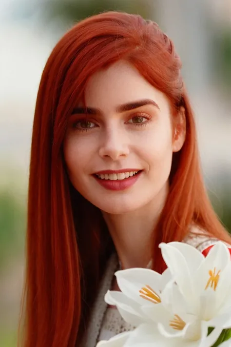 1girl, solo, portrait, face, (red hair:1.2), grin, blurry_background, bokeh, chromatic_aberration, depth_of_field, female focus, photorealistic, soft colors, masterpiece, high quality, (high detailed skin:1.1)
 <lora:lily_collins_lora_v02:1> lily89