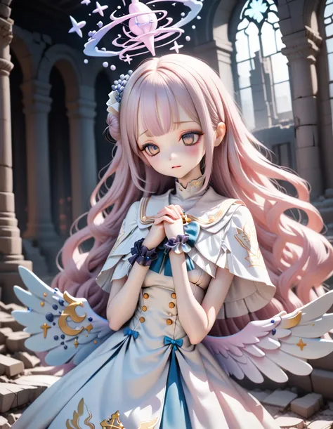 (realistic photo of detailed dolla:1.1), (doll joints:0.5), plastic skin, detailed hair, smooth hair,
1girl,  (mika (blue archive):1.2), blue archive, white dress, praying clapsed hands, ruins, stained glass,
volumetric lighting, sharp focus, depth of fiel...