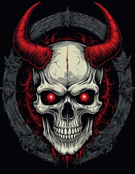 metal_tee,   a skull with horns and red eyes, surrounded by a halo of horns. The skull is surrounded by a dark background, creating a visually striking and ominous atmosphere., vector digital illustration, (black background:1.5) <lora:metal_tee_sdxl:1>