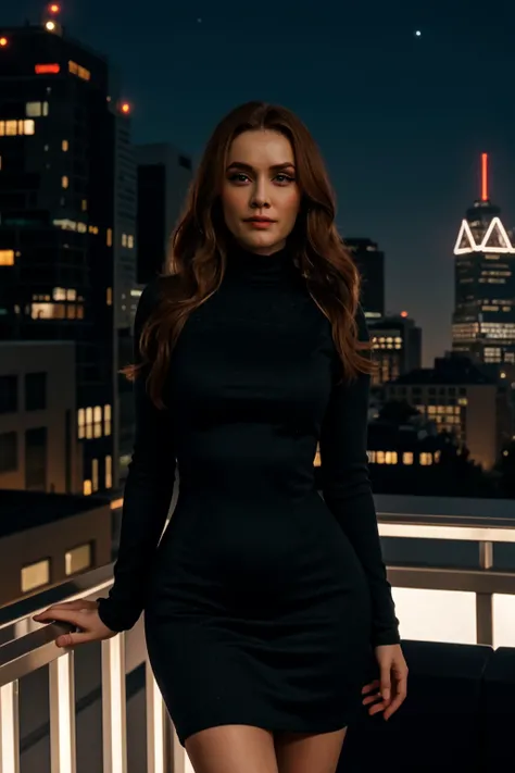 <lora:mondongo_LoRA_DominiqueMcElligott_v2:1> mndngwmn, long hair, wearing a turtleneck bodycon dress, on a balcony at night with city on background, (ultra realistic, 8k,high quality)