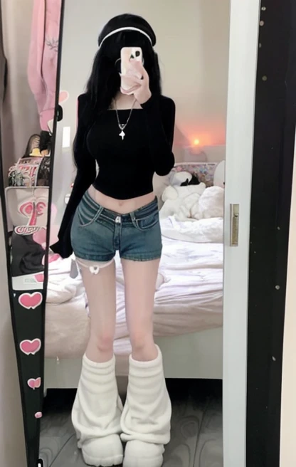 <lora:fashion_mix-10:1>, shorts, leg warmers, full body pic, mirror selfie, crop top