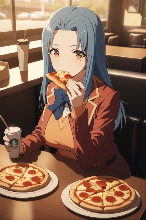 <lora:HasebeHaruka_AnimagineXLV3:0.8>  hasebeharuka, 1girl, blue hair, mole under eye, brown eyes, school uniform, red blazer, blue bowtie, sweater vest, sitting, looking at viewer, eating, pizza, plate, table, chair, table, restaurant, cinematic angle, ci...