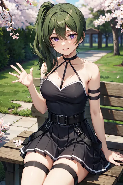 masterpiece,best quality,highres,ultra-detailed,ubel,long hair,side ponytail,hair between eyes,bangs,black choker,bare shoulders,cleavage,halterneck,black dress,sleeveless,arm strap,belt,black skirt,buckle,black belt,thigh strap,knee boots,black footwear,<...