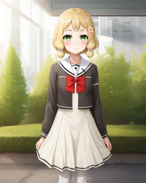 <lora:Inubozaki_Itsuki-10:0.8>,1girl, solo,short hair, green eyes, hair flower, blonde hair,skirt,hair ornament,hairclip,bow,dress,school uniform, pantyhose, , red bowtie,white dress,