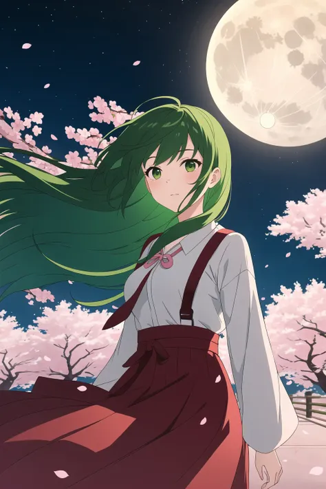 masterpiece, best quality, 1girl, solo, green hair, very long hair, wind, floating hair, cherry blossoms, night, full moon