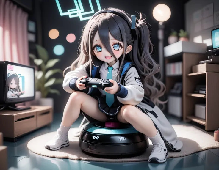 1girl, chibi, aris (blue archive), gray hair ,smile,  cyan necktie, squatting on (disk-shaped  robot cleaner:1.2), messy game club room,
retro crt television on low glass table, pink curtains,large round carpet, ,  blue floor sheet, tall, messy floor, book...