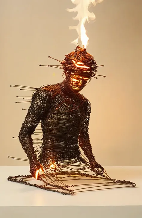 wire art, injection,man,fire,realistic,surrealistic,<lora:éä¸èºæ¯:0.7>