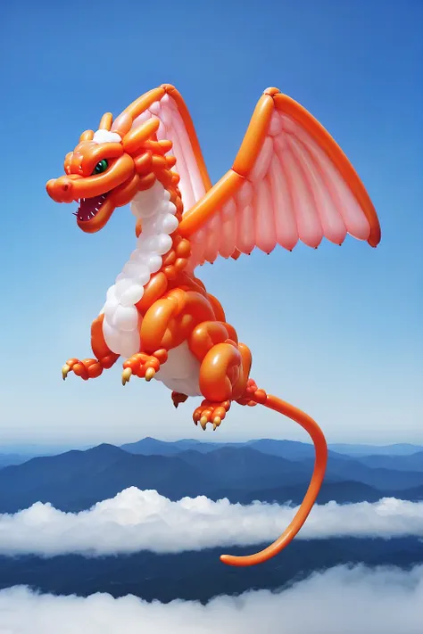 a balloon dragon, flying on sky, clouds, mountain landscape