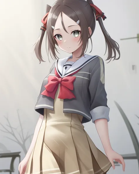 <lora:Miyoshi_Karin-10:0.8>,1girl, solo,brown hair, hair ornament,twintails,grey eyes,school uniform, hair ribbon, hairclip, bowtie,hair red bow,sailor dress, pleated dress,