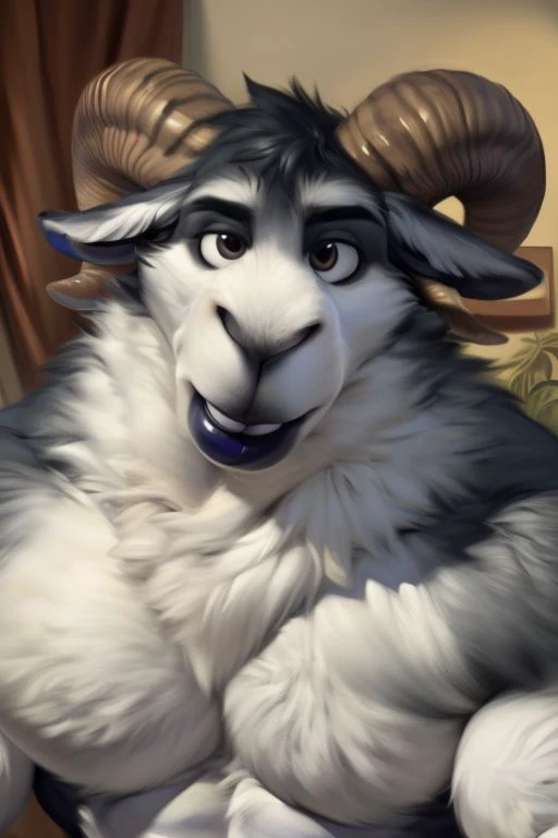 (by Meesh:1), (by darkgem:0.8), (by chunie:1), masterpiece, looking at viewer,  detailed fur, (detailed pixar eyes:1.2), detailed eyes, male, anthro, <slora:add_detail:0.4>((Grey, Sheep_And_Wolves)), ((sheep horns, Big bottom lip, Black Swollen lip)) ((Gre...