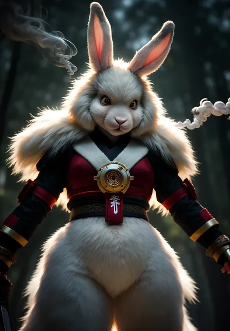 (furry art : anthro : bunny)
(Ultra-HD-details, discreet, emphasized-details, life-size-body, cutesie)
50mm lens
aperture opening of f/4.0
epic closeup of an angry anthro female bunny, (bunny face, bunny paws) fluffy full body fur wearing a samurai outfit,...