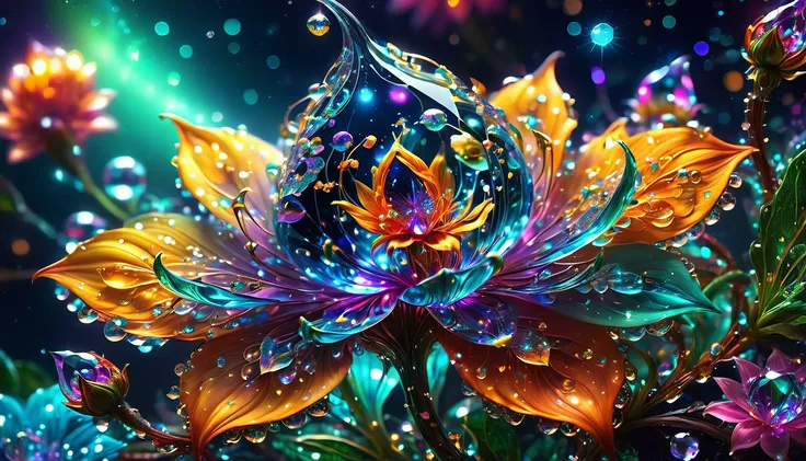 macro photo, sparkling magical fantasy glass flower dewdrop, very detailed, amazing quality, intricate, cinematic light, highly detail, beautiful, surreal, dramatic, galaxy fantasy colors, <lora:SDXLFaeTastic2400:1>