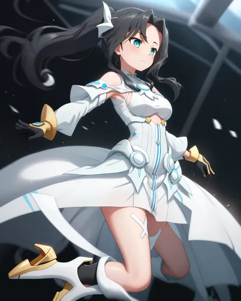 <lora:Miroku_Renge-10:0.8>,1girl, solo, black hair, long hair,black gloves, high heels, blue eyes, ponytail, green eyes, boots, white dress,Magic Girl,