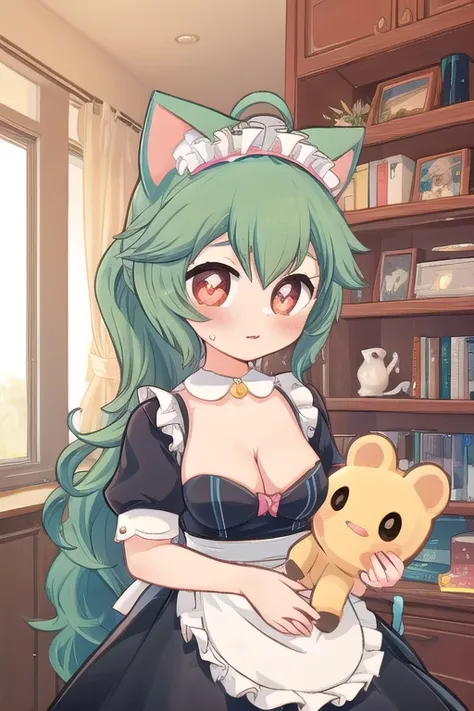 1girl, animal ears, indoors, maid, cat ears, green hair, cleavage, maid headdress, blush, long hair, apron, solo, symbol-shaped pupils, heart, maid apron, pink bow, hair ornament, ahoge, alternate costume, add_detail:1, add_detail:0, add_detail:0.5, rosedo...