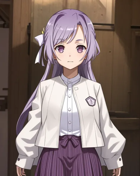 <lora:Tenma_Misaki-10:0.8>,1girl, solo, long hair,very long hair ,purple eyes,purple hair, hair intakes, half updo,white ribbon, jacket, sidelocks,white shirt,purple skirt,