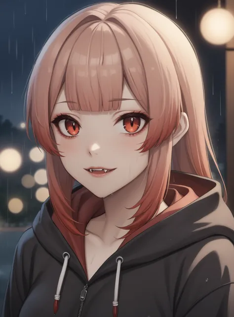 1girl, ciara faux, vampire, fangs, hoodie, head tilt, portrait, rain, night, blurry background, bokeh, <lora:ciara-animaginexl-1-000005:0.8>