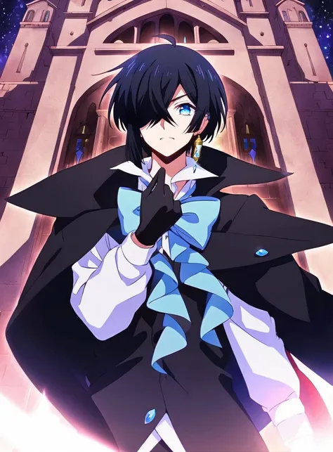 anime artwork Vanitas walks in front of a large castle in an empty and open place,solo,looking at viewer,short hair,blue eyes,shirt,black hair,gloves,long sleeves,1boy,bow,jewelry,closed mouth,white shirt,upper body,male focus,earrings,black gloves,collare...