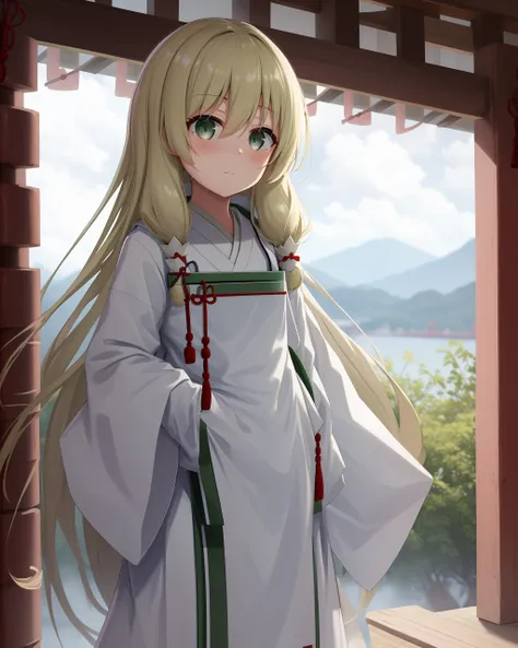 <lora:Kokudo_Aya-10:1>,1girl, solo,green eyes,blond hair,very long hair,sidelocks,hair tubes,hair between eyes,long sleeves, japanese clothes,wide sleeves, kimono, sleeves past wrists,White hakama,miko,green stripes,tabi,