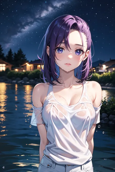 beautiful eyes,1girl,slicked back,violet hair,moist eyes,(arms behind back),close-up upper body,bare-shoulder blouse and white tight pants,looking at viewer, starry sky,outdoor, night, river,wet hair,splashing water,water drop,depth of field,