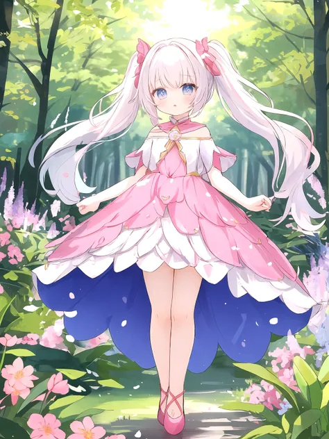 pink PetalDress, white hair, long hair, pigtails, in a magical forest, <lora:SN-PetalDress:1>