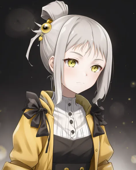 <lora:Kiryuu_Shizuka-10:0.8>,1girl, solo,single hair bun, yellow eyes,grey hair, hair ornament, yellow jacket, black dress,