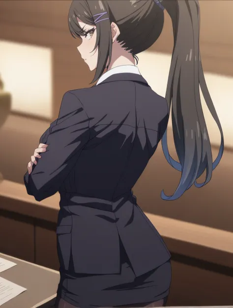 <lora:ChabashiraJitsukyo_AnimagineXLV3:0.8> chabashira, 1girl, ponytail,  black hair, hairclip, formal, suit, breasts, skirt, black pantyhose, 
crossed arms, looking at viewer, 
[anime screencap::0.3], masterpiece,best quality,