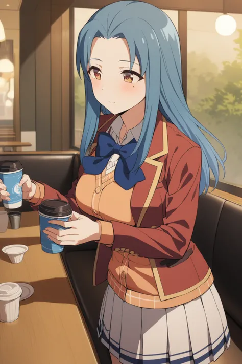 <lora:HasebeHaruka_AnimagineXLV3:0.8>  hasebeharuka, 1girl, blue hair, mole under eye, brown eyes, school uniform, red blazer, blue bowtie, sweater vest, white skirt, pleated skirt,
holding cup, restaurant, 
[anime screencap::0.3], masterpiece,best quality...