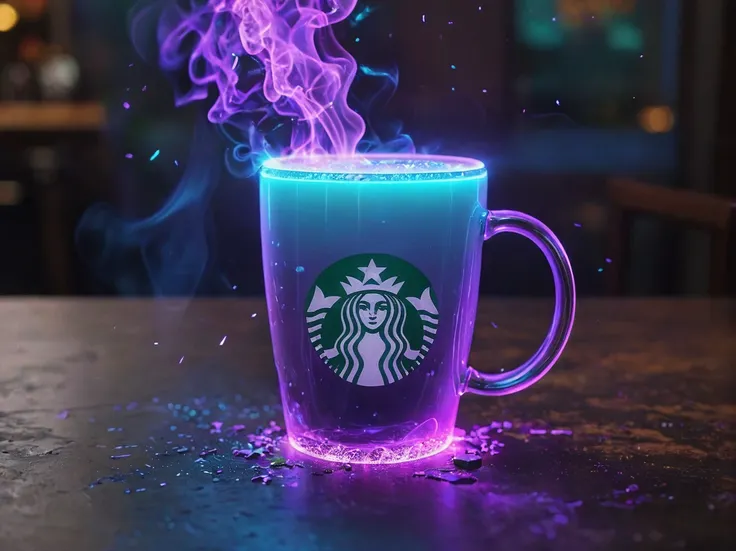 glowneon, starbucks coffee mug emitting sparks, dark amethyst and cyan <lora:glowneon_xl_v1:1> <lora:add-detail-xl:0.8>