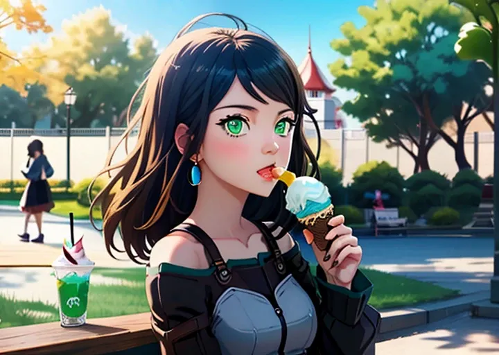 professional illustration, good quality, good anatomy, 1girl, hondakoharu,  <lora:honkoharu-03:0.75>, 
hondakoharu, 1girl, a girl with green eyes,  eating ice cream in a park