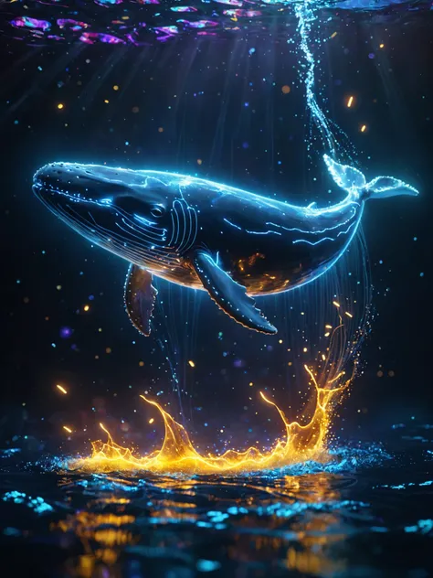 glowneon, a glowing whale swimming into space ocean with sparks, blue, white, yellow 