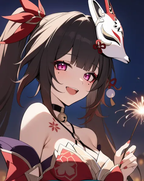 masterpiece,best quality,<lora:sparkle:1>,sparkle (honkai: star rail), 1girl, sparkler, fireworks, solo, fox mask, mask, japanese clothes, smile, mask on head, mole, hair ornament, open mouth, outdoors, sky, mole under eye, night, breasts, virtual youtuber...