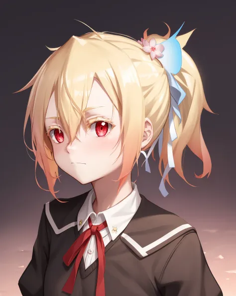 <lora:Fuyou_Yuuna-10:0.8>,Fuyou_Yuuna, 1girl, solo, blonde hair, side ponytail,hair ornament,red eyes,thick eyelashes, hair between eyes,hair ribbon,school uniform,white shirt, red ribbon, neck ribbon,white ribbon,