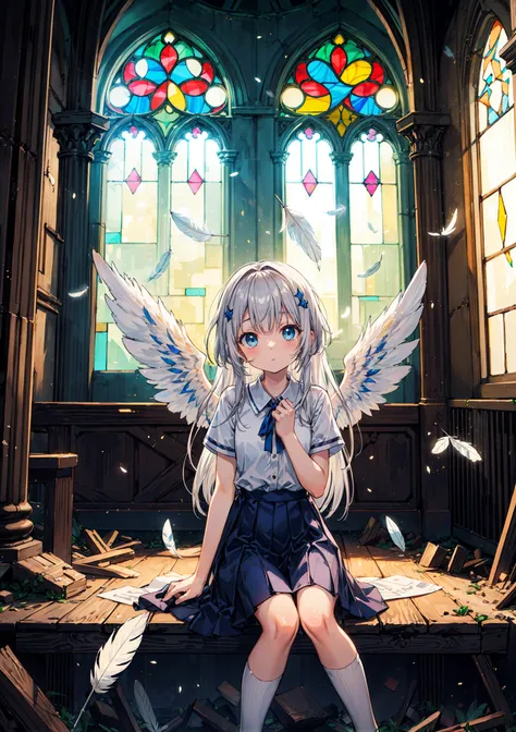 cute girl sitting, in (an abandoned church:1.2),(debris:1.2),(stained glass),(Angel Wings:1.3),pillar,canopy,silver hair,long hair,blue eyes,(light particles), (feathers:1.3),(faint sunlight coming through the windows),dark atmosphere,(looking at viewer:1....