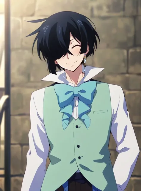 anime artwork Vanitas,solo,laughing,short hair,shirt,black hair,long sleeves,1boy,bow,jewelry,closed mouth,white shirt,male focus,earrings,closed eyes,collared shirt,bowtie,hair over one eye,shadow,one eye covered,cowboy shot,<lora:vanitasxl-000003:1>, . a...