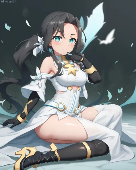 <lora:Miroku_Renge-10:0.8>,1girl, solo, black hair, long hair,black gloves, high heels, blue eyes, ponytail, green eyes, boots, white dress,Magic Girl,