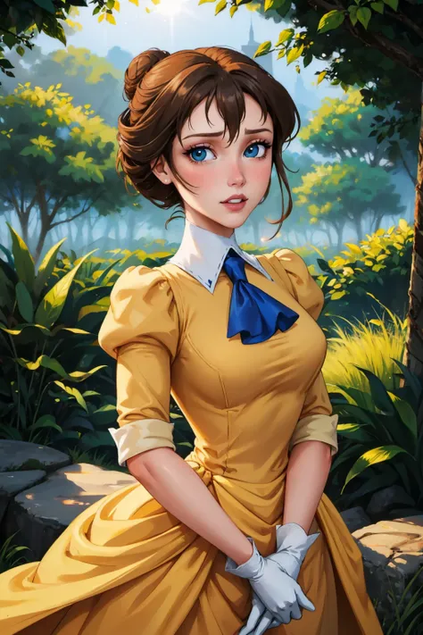 masterpiece, best quality, outdoors, lens flare, depth of field, 1girl, solo, looking at viewer, breasts, <lora:janeporter-guy-v2:1>, janeporter, short hair, hair bun, yellow dress, long dress, puffy sleeves, ascot, white gloves, cowboy shot