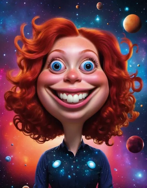 caricature of a redhead with a round bloated face and round head with a wide smile floating in a galaxy nebula