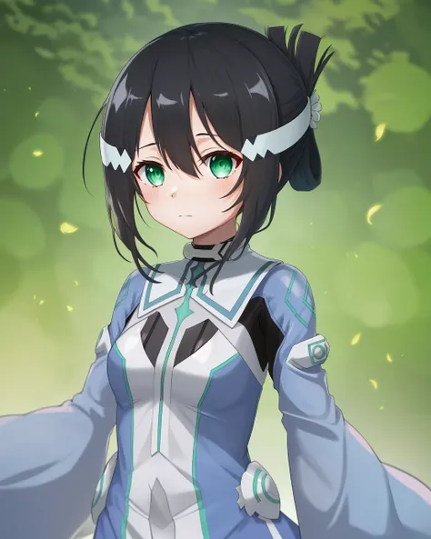 <lora:Washio_Sumi-10:0.8>,1girl,solo,black hair,green eyes,short hair, folded ponytail,between eyes, (side hair ornament),bodysuit,wide sleeves, magical girl,wide sleeves, blue dress,green stripes,