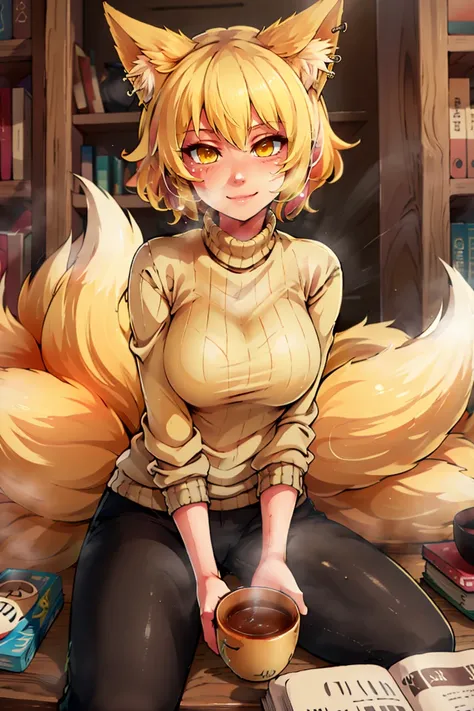 turtleneck sweater, earrings, library, cup of steaming coffee, sitting at table((masterpiece,best quality)), absurdres, <lora:Yakumo_Ran_Touhou:0.8>, Yakumo_Ran_Touhou, 1girl, solo, blonde, blonde hair, short hair, yellow eyes, fox, fox tail,  solo, smilin...