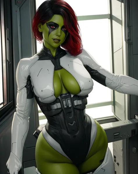 Gamora,green skin,multicolored hair,red eyes,
black and white leotard,smile,cleavage,
science fiction,cabin,
(insanely detailed,  masterpiece, best quality),solo,<lora:Gamora:0.8>,