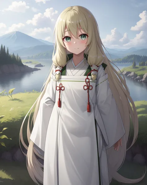 <lora:Kokudo_Aya-10:1>,1girl, solo,green eyes,blond hair,very long hair,sidelocks,hair tubes,hair between eyes,long sleeves, japanese clothes,wide sleeves, kimono, sleeves past wrists,White hakama,miko,green stripes,tabi,