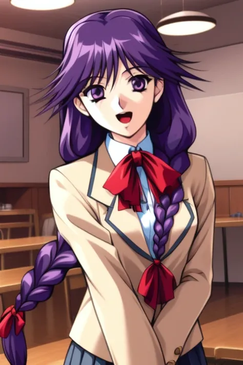 <lora:el:1> el, 1girl, solo, braid, purple hair, purple eyes, long hair, hair over shoulder, single braid, skirt, ribbon, smile, jacket, blazer, long sleeves, indoors, own hands together, school uniform, v arms, hair ribbon, open mouth, looking at viewer,