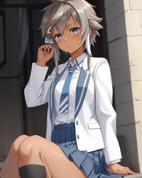 <lora:Kohagura_Natsume-10:0.8>,1girl, solo,short hair, grey eyes,brown hair,short hair with long locks,sidelocks,light dark skin,white hair ribbon,school uniform, white shirt, open jacket, blue skirt, kneehighs, white jacket, blue necktie,