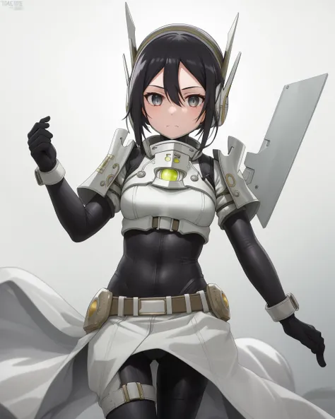 <lora:Kusunoki_Mebuki-10:0.8>,1girl,solo,black hair,short hair, hair between eyes,gloves,belt, armor,bodysuit,headgear,black bodysuit,