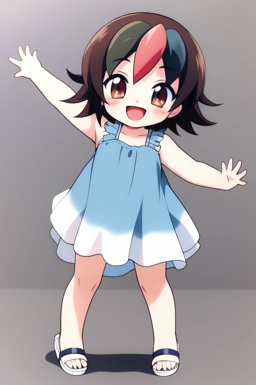 <lora:Sai_Hinoki:0.8>, Hinoki, 1girl, solo, dress, smile, open mouth, short hair, sandals, full body, outstretched arms, standing, :d, sleeveless, sleeveless dress, looking at viewer, simple background, short dress, brown eyes, grey background, bangs, blue...