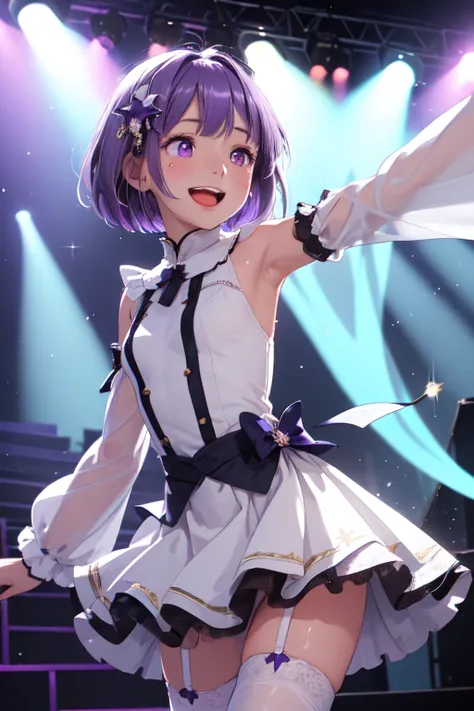 (masterpiece, best quality, highres), 1girl, solo, purple hair, short hair, inverted bob, purple eyes, small breasts, narrow waist, long eyelashes, idol, frilled dress, happy, open mouth, smile, singing, dancing, stage, stage lights, hair ornament, long sl...