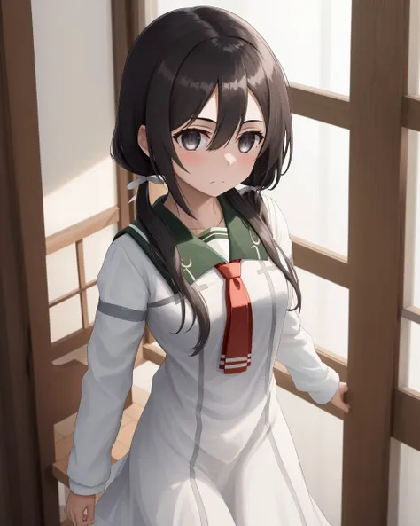 <lora:Kusunoki_Mebuki-10:0.8>,1girl, solo, long hair,black hair, black eyes,hair between eyes, low twintails,hair ribbon, long sleeves,school uniform, white dress,red necktie,sailor dress,