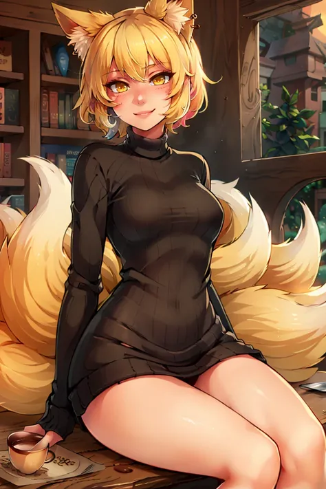 turtleneck sweater, earrings, library, cup of coffee, sitting at table((masterpiece,best quality)), absurdres, <lora:Yakumo_Ran_Touhou:0.8>, Yakumo_Ran_Touhou, 1girl, solo, blonde, blonde hair, short hair, yellow eyes, fox, fox tail,  solo, smiling, lookin...