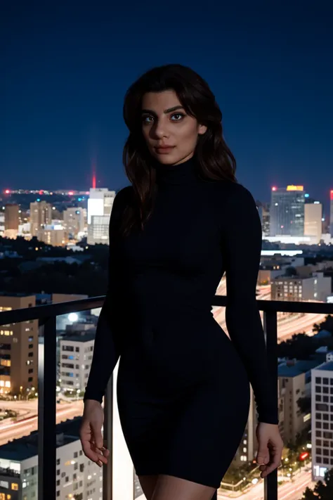 <lora:mondongo_LoRA_ClaudiaDoumit_v2:1> mndngwmn, wearing a turtleneck bodycon dress, on a balcony at night with city on background, (ultra realistic, 8k,high quality)